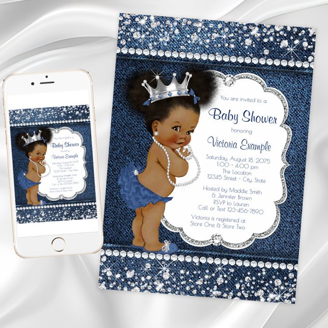 Invitation Denim Diamond Girls Baby shower africain américain (Denim and diamonds baby shower invitation. Instant download and printed invitations available.)