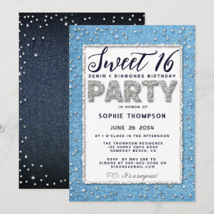 Invitation Denim Diamond Parties scintillant Cadre Sweet 16 P