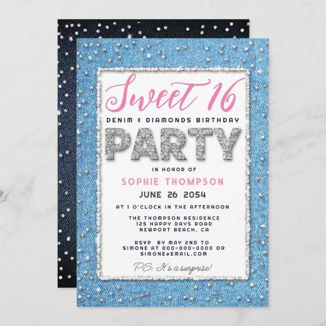 Invitation Denim Diamond Parties scintillant Cadre Sweet 16 P (Devant / Derrière)
