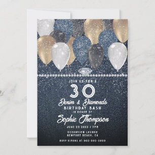 Invitation Denim Diamonds Balloon étincelle 30e fête d'annive