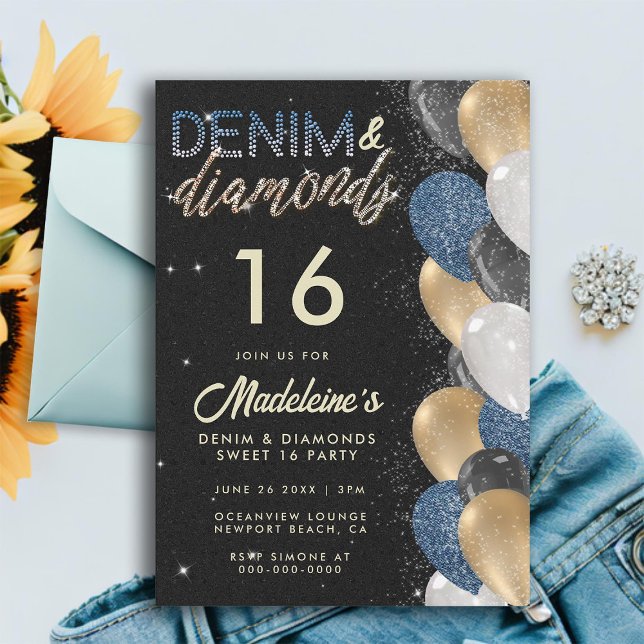 Invitation Denim Diamonds Balloons Arch Sweet 16 Anniversaire (denim diamonds sweet 16 balloon arch denim gold black elegant girly chic modern trendy sweet )