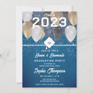 Invitation Denim Diamonds Balloons Blue Chic Graduation Party
