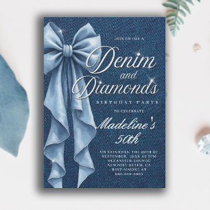 Invitation Denim Diamonds Blanc Bleu Nœud Glam 50e Anniversai