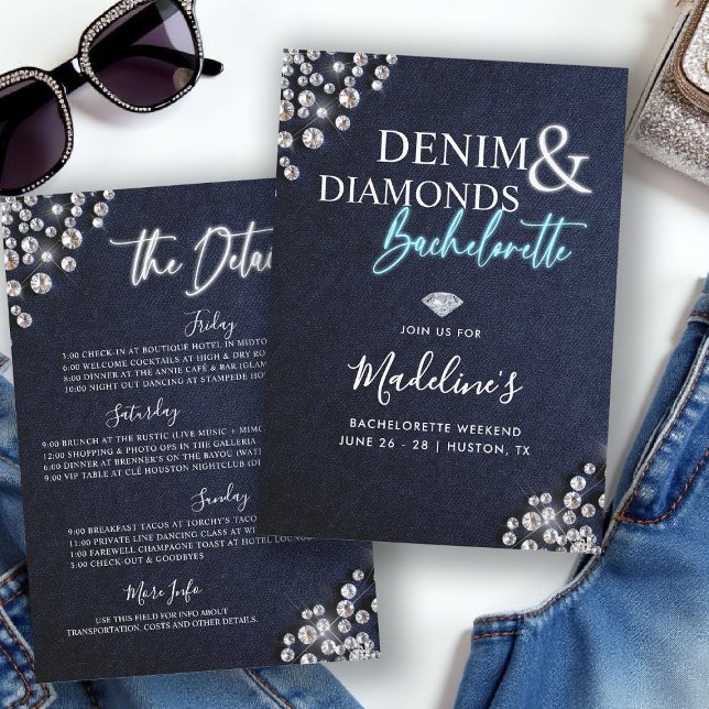 Invitation Denim Diamonds bleu blanc Bachelorette Itinéraire (denim diamonds bachelorette party itinerary invitation glowing calligraphy modern classy stylish)