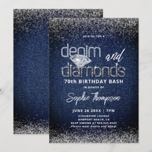 Invitation Denim Diamonds Bleu Blanc Élégant 70e Anniversaire