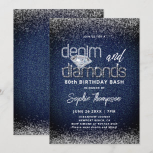 Invitation Denim Diamonds Bleu Blanc Élégant 80e Anniversaire