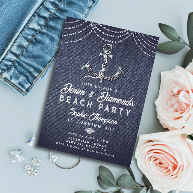 Invitation Denim Diamonds Bling Ancre Beach Anniversaire (denim and diamonds 30th birthday party invitation for women elegant bling boat anchor beach classy)