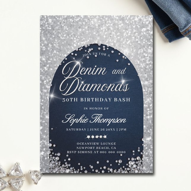 Invitation Denim Diamonds Bling Arch 30e Anniversaire (denim and diamonds theme party invitations 30th 50th sweet 16 elegant classy blue white bling )