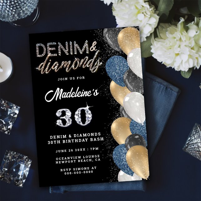 Invitation Denim Diamonds Bling Balloons Noir Anniversaire (Créateur téléchargé)