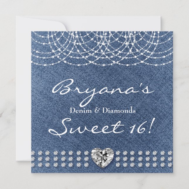 Invitation Denim & Diamonds Bling Coeur doux 16 Partie (Devant)