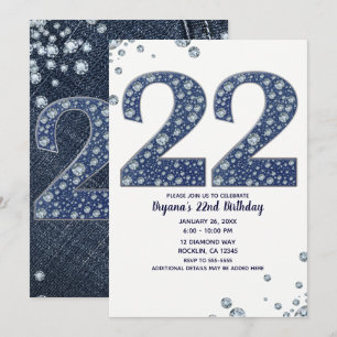 Invitation Denim & Diamonds Bling Étincelle 22 22e Anniversai