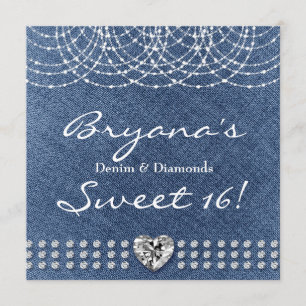 Invitation Denim & Diamonds Bling Heart Sweet 16 Fête