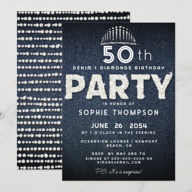 Invitation Denim Diamonds Bling Parties scintillant Tiara fêt (Devant / Derrière)