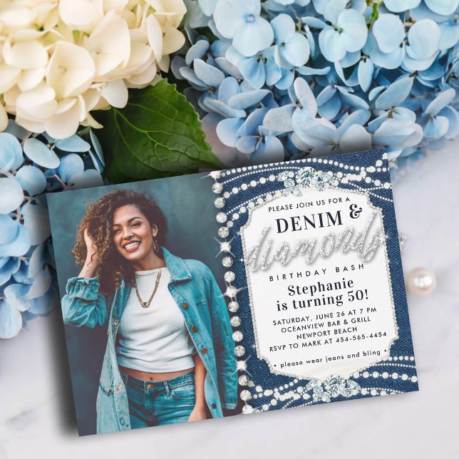 Invitation Denim Diamonds Bling Pearls Photo 50e anniversaire (denim diamonds pearls 50th birthday invitation elegant classy bling glitz glam photo white blue)
