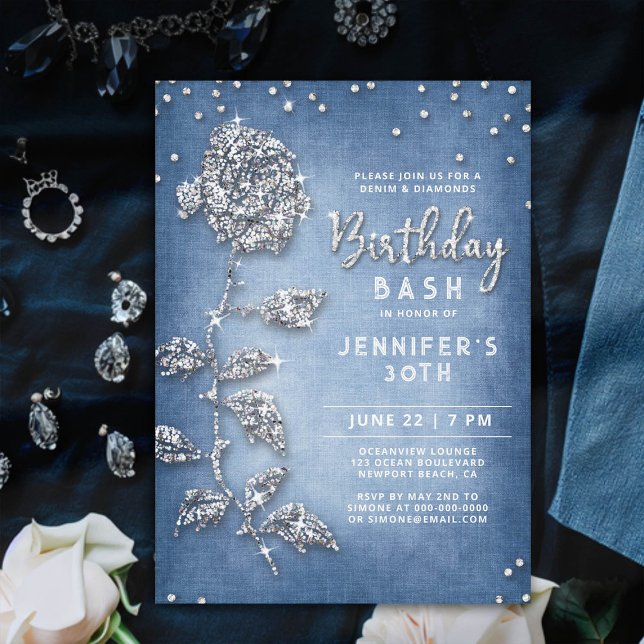 Invitation Denim Diamonds Bling Rose Blanc Bleu 30e anniversa (denim and diamonds birthday invitation 30th women bling rose rhinestones glitter glitz glam classy)