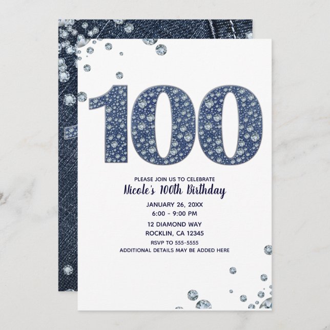 Invitation Denim & Diamonds Bling Sparkle 100E 100 Anniversai (Devant / Derrière)
