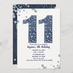 Invitation Denim & Diamonds Bling Sparkle 11e 11 Anniversaire