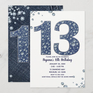 Invitation Denim & Diamonds Bling Sparkle 13e 13 Anniversaire