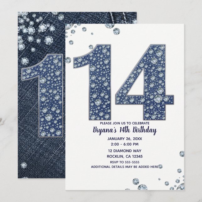 Invitation Denim & Diamonds Bling Sparkle 14 ans 14 Anniversa (Devant / Derrière)