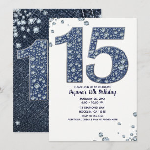 Invitation Denim & Diamonds Bling Sparkle 15e 15 ans d'annive