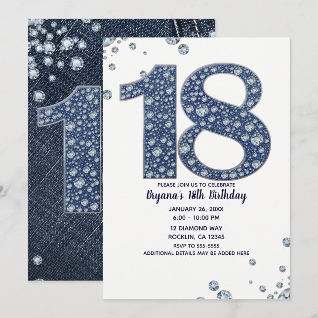 Invitation Denim & Diamonds Bling Sparkle 18ÈME 18 Anniversai (Devant / Derrière)
