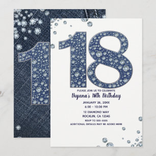 Invitation Denim & Diamonds Bling Sparkle 18TH 18 Anniversair