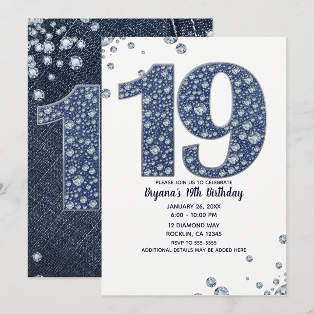 Invitation Denim & Diamonds Bling Sparkle 19E 19 Anniversaire (Devant / Derrière)
