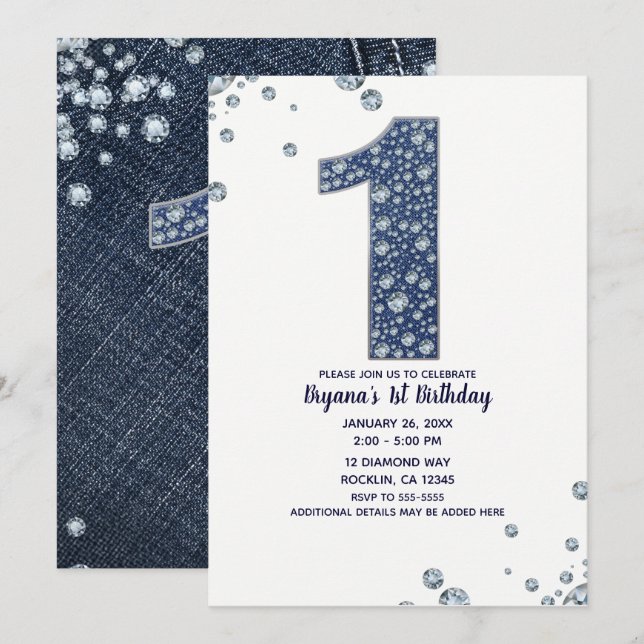 Invitation Denim & Diamonds Bling Sparkle 1er Anniversaire 1  (Devant / Derrière)