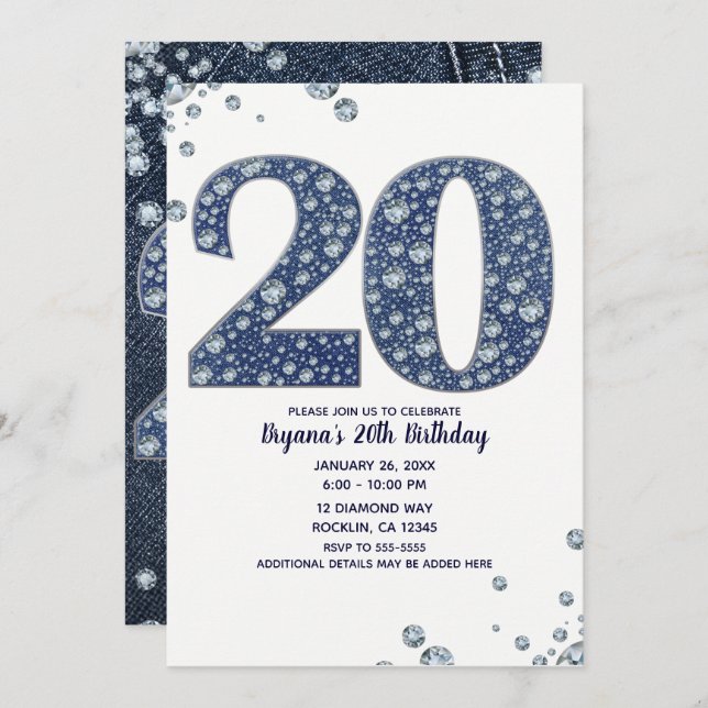 Invitation Denim & Diamonds Bling Sparkle 20E 20 Anniversaire (Devant / Derrière)