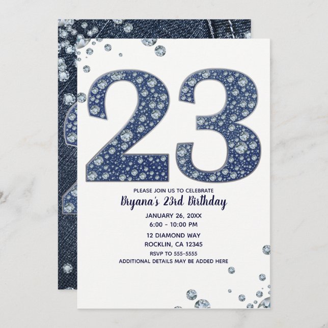 Invitation Denim & Diamonds Bling Sparkle 23 23e anniversaire (Devant / Derrière)