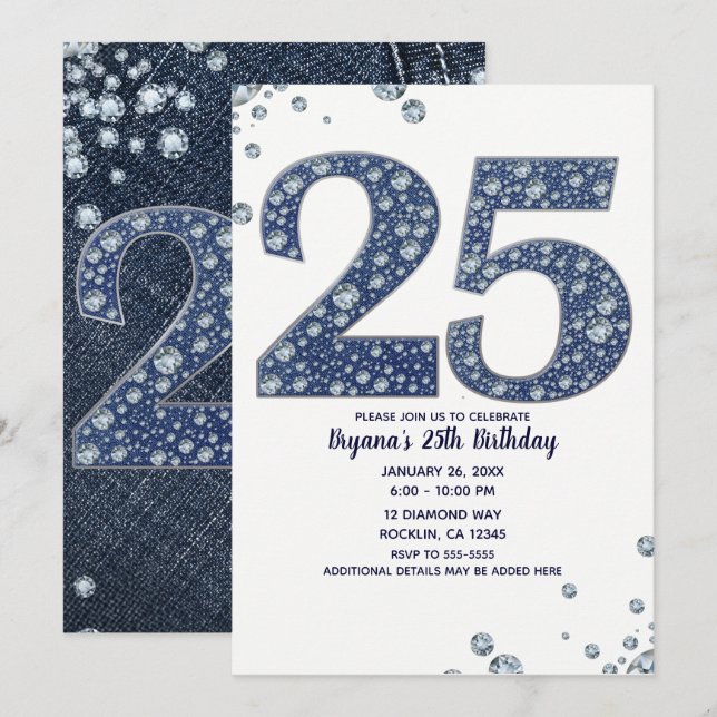 Invitation Denim & Diamonds Bling Sparkle 25 25e anniversaire (Devant / Derrière)
