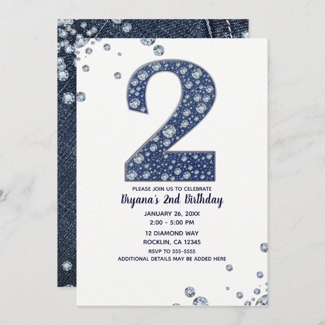 Invitation Denim & Diamonds Bling Sparkle 2ème anniversaire 2 (Devant / Derrière)