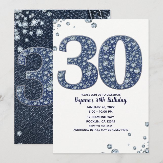 Invitation Denim & Diamonds Bling Sparkle 30E 30 Anniversaire (Devant / Derrière)