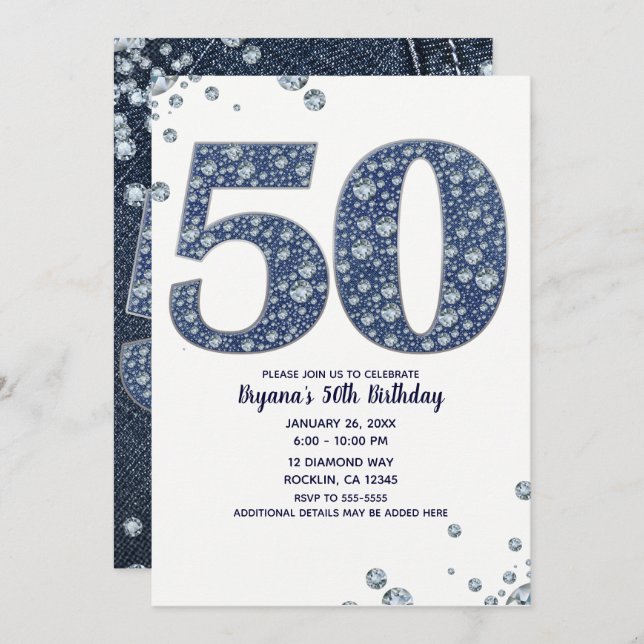 Invitation Denim & Diamonds Bling Sparkle 50E 50 Anniversaire (Devant / Derrière)