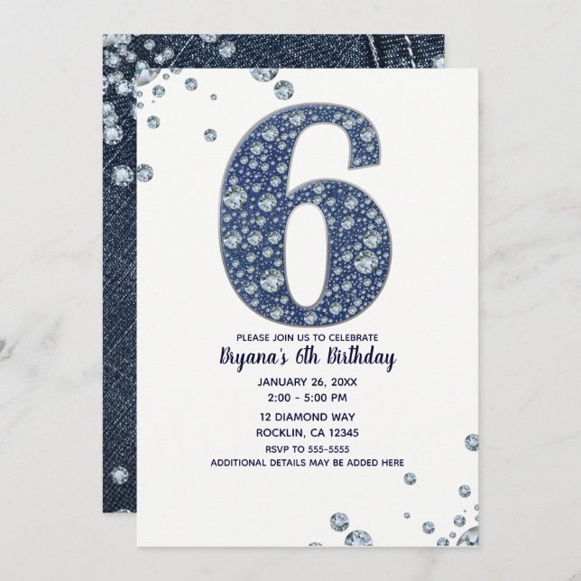 Invitation Denim & Diamonds Bling Sparkle 6ème 6 Anniversaire (Devant / Derrière)