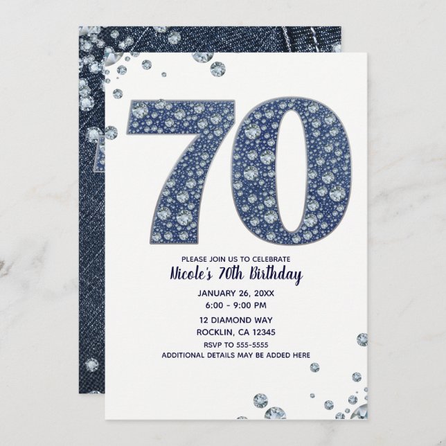 Invitation Denim & Diamonds Bling Sparkle 70E 70 Anniversaire (Devant / Derrière)