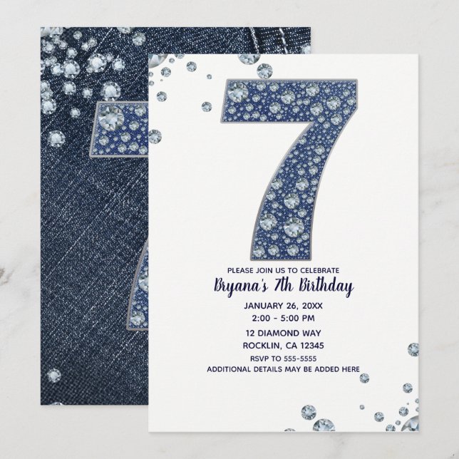 Invitation Denim & Diamonds Bling Sparkle 7e 7 Anniversaire (Devant / Derrière)