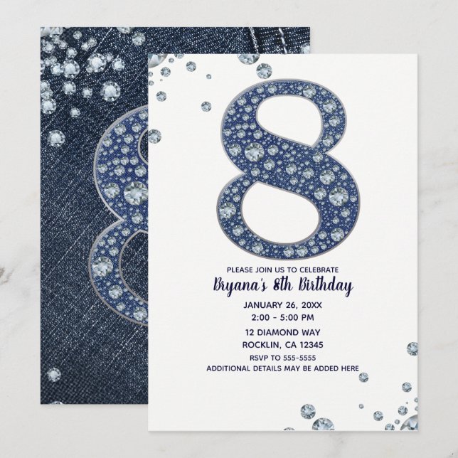 Invitation Denim & Diamonds Bling Sparkle 8e 8 Anniversaire (Devant / Derrière)