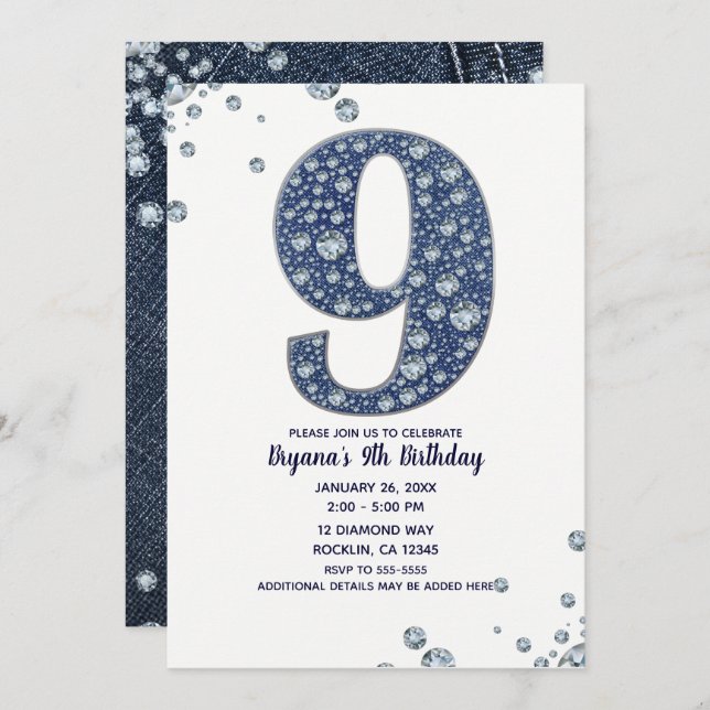 Invitation Denim & Diamonds Bling Sparkle 9e 9 Anniversaire (Devant / Derrière)