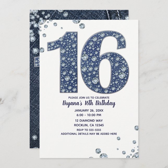 Invitation Denim & Diamonds Bling Sparkle Sweet 16 Anniversai (Devant / Derrière)