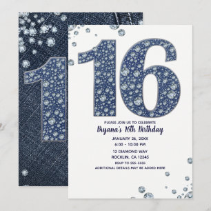 Invitation Denim & Diamonds Bling Sparkle Sweet 16 Anniversai