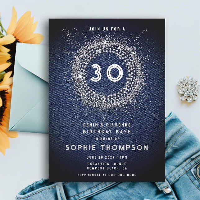 Invitation Denim Diamonds Bling Starburst 30e fête d'annivers (denim diamonds 30th birthday party invitation for women modern elegant glitter starburst simple)