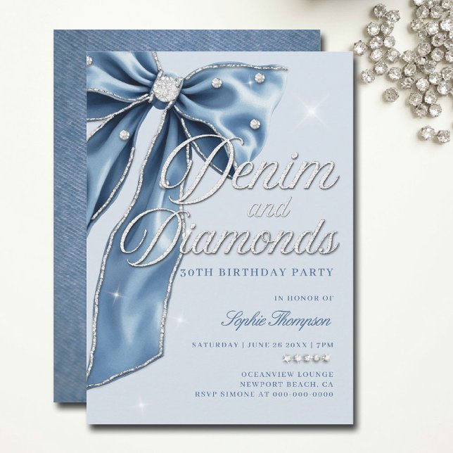 Invitation Denim Diamonds Blue Bow Script 30e fête d'annivers (diamonds and denim party invitations bow 30th 50th sweet 16 elegant classy bling template)