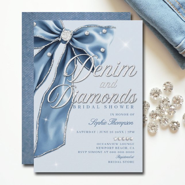 Invitation Denim Diamonds Blue Bow Script Fête des mariées ch (denim and diamonds bridal shower ideas elegant bow classy bling script blue white template)