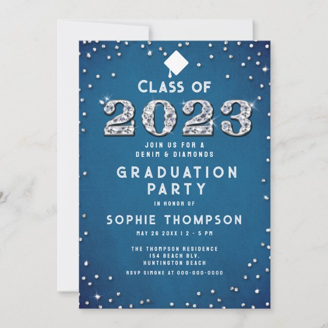 Invitation Denim Diamonds Blue Pastel 2023 Graduation Party (Devant)