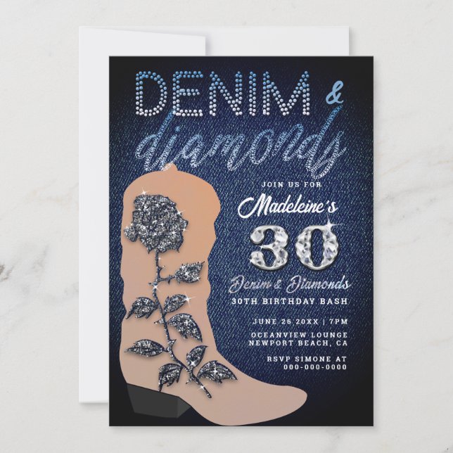 Invitation Denim Diamonds Boot Rose Rustic 30 Anniversaire (Devant)