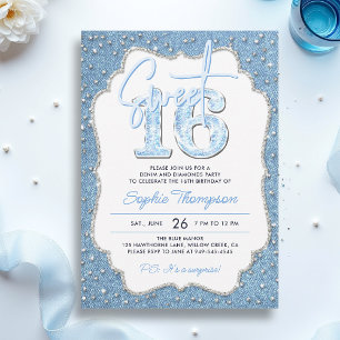 Invitation Denim Diamonds Brillant Élégant Cadre Douce 16