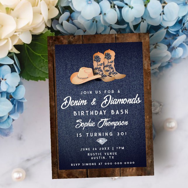 Invitation Denim Diamonds Casquette de bottes de fille de cou (denim diamonds birthday party invitation rustic wood blue white cowgirl chic boots hat bling)