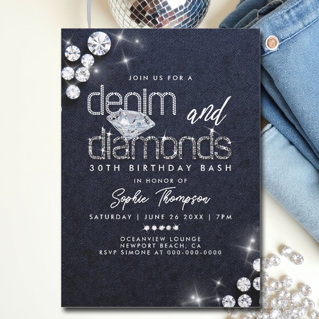 Invitation Denim Diamonds Classy Bling 30e Anniversaire (denim and diamonds theme invitations 30th 50th sweet 16 elegant classy bling template)