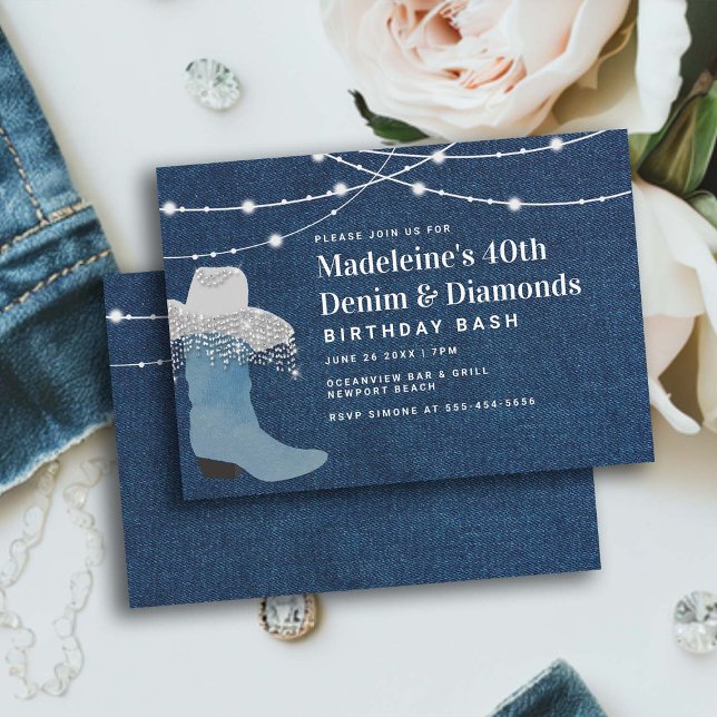 Invitation Denim Diamonds Cowgirl Boot Casquette Glam 40e ann (denim and diamonds theme 40th birthday party invitation women elegant cowgirl hat western country )